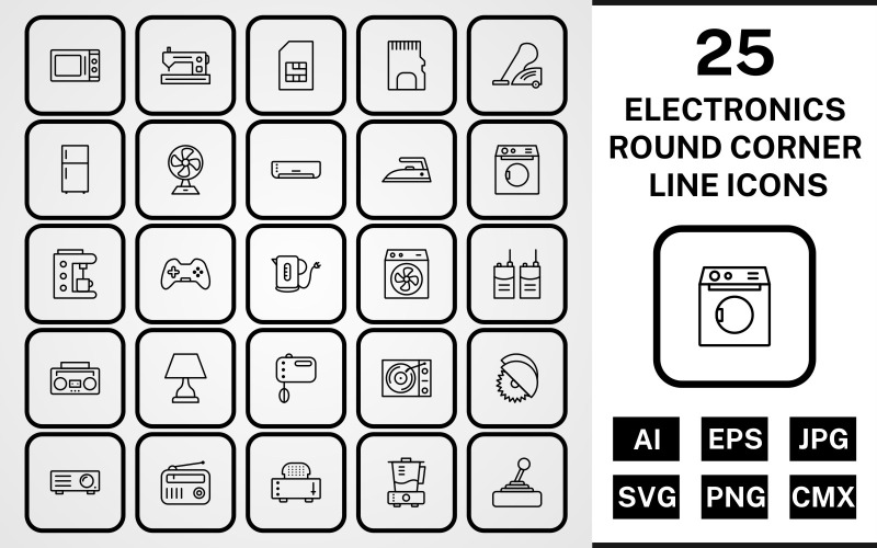 25 elektroniska enheter runda hörnlinjen svart ikonuppsättning
