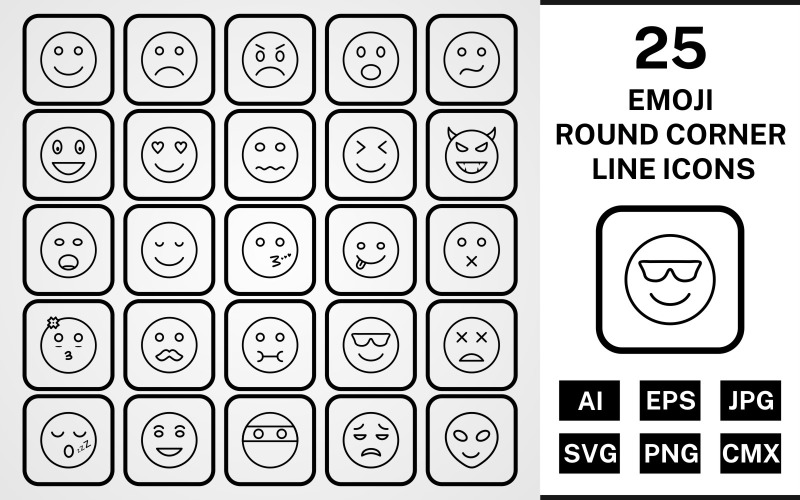 25 Emoji kerek sarok vonal fekete ikon készlet