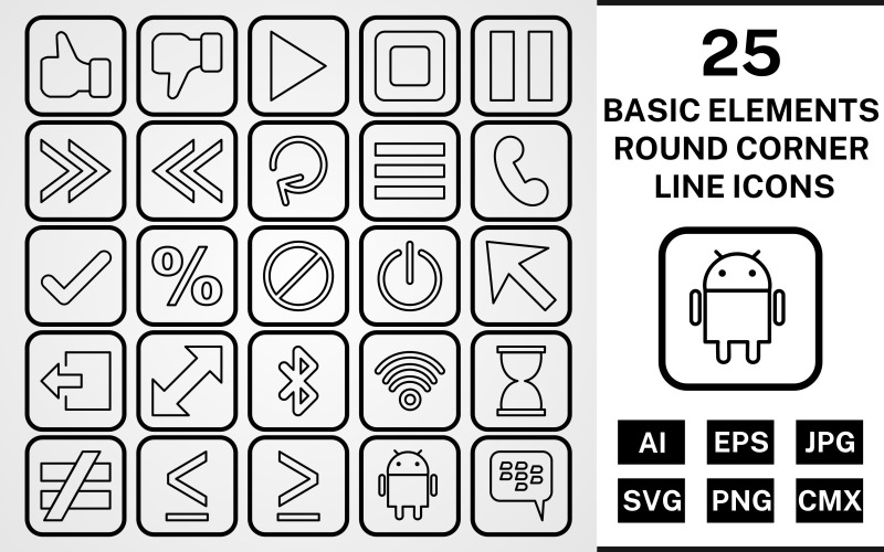 25 grundläggande element runda hörnlinjen svart ikonuppsättning