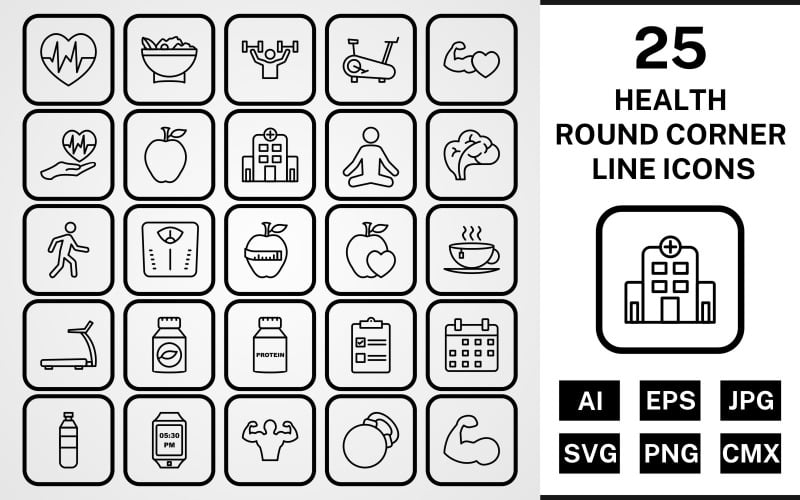 Download Набор иконок "25 Health Round Corner Line Black Icon Set" / 25 Health Round Corner Line Black Icon Set - Набор иконок на тему food set,file,icon,icons,round,vector,sign,symbol,pictogram,corner,line,health,yoga,salad,heart beat,walking,body,hospital,apple,healthy food