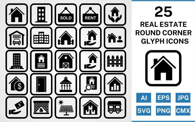 25 Immobilien Round Corner Glyph Black Icon Set