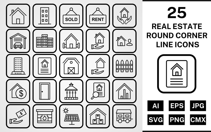 25 Immobilier Round Corner Line Black Icon Set