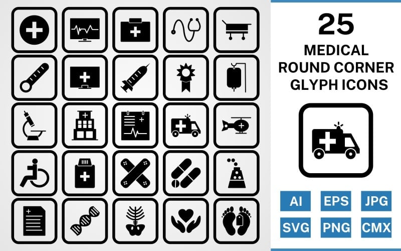 Download Набор иконок "25 Medical Round Corner Glyph Black Icon Set" / 25 Medical Round Corner Glyph Black Icon Set - Набор иконок на тему medical set,file,icon,icons,round,vector,sign,symbol,pictogram,corner,glyph,medical,drip,xray,dna,report,toe tag,medicines,hospital,injection