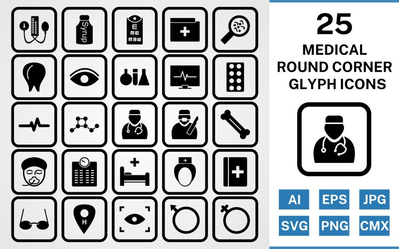 Download Набор иконок "25 Medical Round Corner Glyph Black Icon Set" / 25 Medical Round Corner Glyph Black Icon Set - Набор иконок на тему medical set,file,icon,icons,round,vector,sign,symbol,pictogram,corner,glyph,medical,doctor,nurse,bed,scan,eye test,bp apparatus,bone,tablets