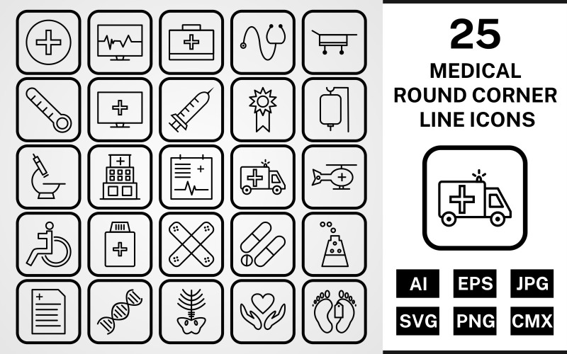 Download Набор иконок "25 Medical Round Corner Line Black Icon Set" / 25 Medical Round Corner Line Black Icon Set - Набор иконок на тему medical set,file,icon,icons,round,vector,sign,symbol,pictogram,corner,line,medical,drip,xray,dna,report,toe tag,medicines,hospital,injection