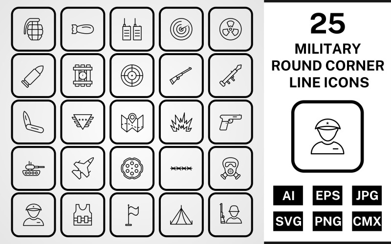 Download Набор иконок "25 Military Round Corner Line Black Icon Set" / 25 Military Round Corner Line Black Icon Set - Набор иконок на тему military set,file,icon,icons,round,vector,sign,symbol,pictogram,corner,line,military,bullet,target,grenade,jet,tent,gun,blast,radar