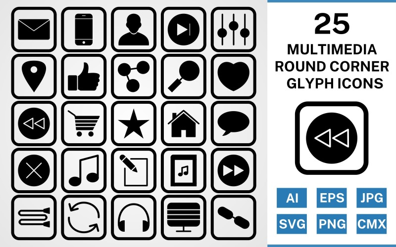 25 multimedia ronde hoek Glyph Black Icon Set