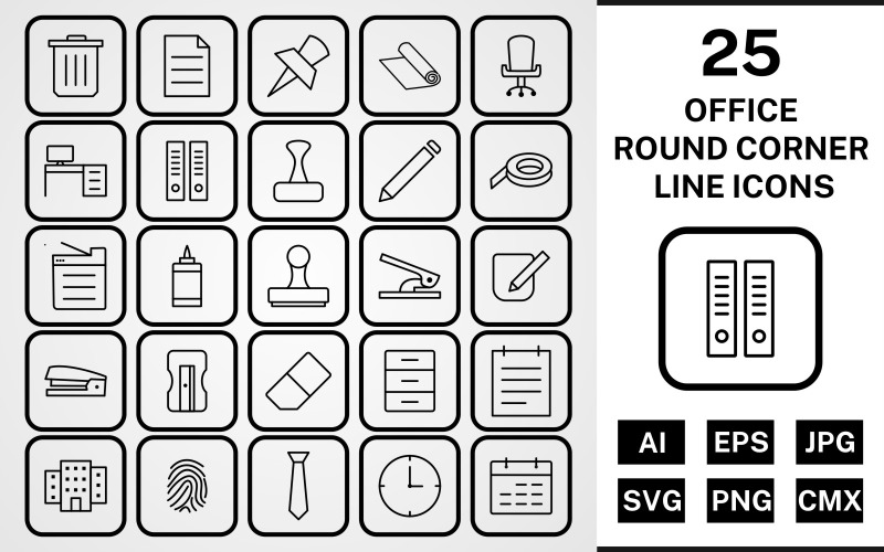 Download Набор иконок "25 Office Round Corner Line Black Icon Set" / 25 Office Round Corner Line Black Icon Set - Набор иконок на тему business set,file,icon,icons,round,vector,sign,symbol,pictogram,corner,line,office,notepad,clock,tie,stamp,office chair,office table,post it,trash