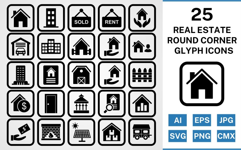 Download Набор иконок "25 Real Estate Round Corner Glyph Black Icon Set" / 25 Real Estate Round Corner Glyph Black Icon Set - Набор иконок на тему city set,file,icon,icons,round,vector,sign,symbol,pictogram,corner,glyph,real estate,house,garage,building,farm house,loan,agent,flat,mortgage