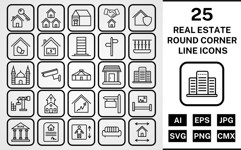 Download Набор иконок "25 Real Estate Round Corner Line Black Icon Set" / 25 Real Estate Round Corner Line Black Icon Set - Набор иконок на тему city set,file,icon,icons,round,vector,sign,symbol,pictogram,corner,line,real estate,mosque,church,balcony,mansion,eco house,lift,yurt,bank