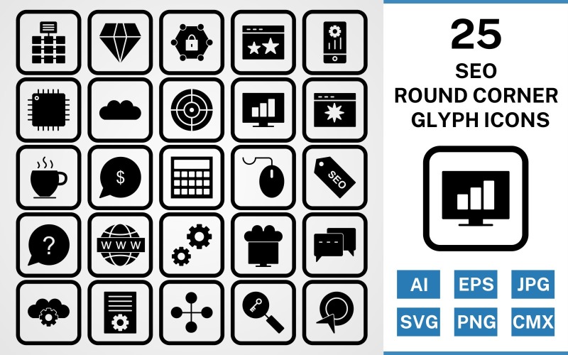 Download Набор иконок "25 Seo Round Corner Glyph Black Icon Set" / 25 Seo Round Corner Glyph Black Icon Set - Набор иконок на тему network set,file,icon,icons,round,vector,sign,symbol,pictogram,corner,glyph,seo,network,settings,stats,diamond,conversation,starred,target,processor