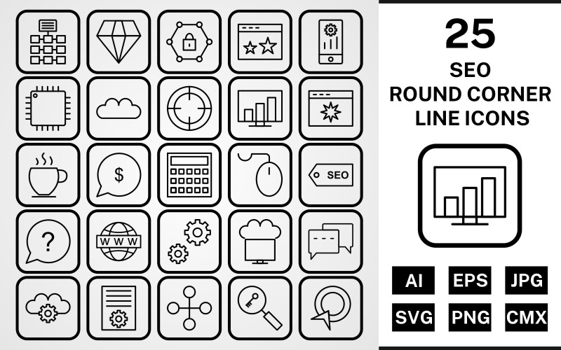 Download Набор иконок "25 Seo Round Corner Line Black Icon Set" / 25 Seo Round Corner Line Black Icon Set - Набор иконок на тему network set,file,icon,icons,round,vector,sign,symbol,pictogram,corner,line,seo,network,settings,stats,diamond,conversation,starred,target,processor
