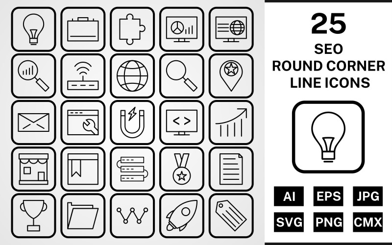 25 Seo Round Corner Line Schwarzes Icon-Set