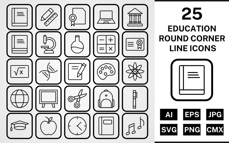 25 Set di icone nere di linea d'angolo tondo di educazione