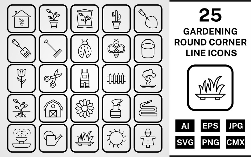 25 set di icone nere linea d'angolo tondo da giardinaggio