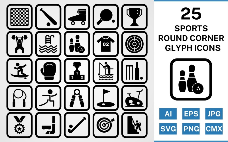 Download Набор иконок "25 Sports And Games Round Corner Glyph Black Icon Set" / 25 Sports And Games Round Corner Glyph Black Icon Set - Набор иконок на тему sports set,file,icon,icons,round,vector,sign,symbol,pictogram,corner,glyph,sports,games,chess,goal,yoga,bowling,boxing,bullseye,hockey