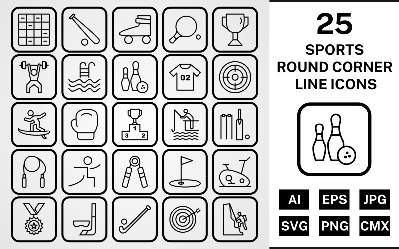 Download Набор иконок "25 Sports And Games Round Corner Line Black Icon Set" / 25 Sports And Games Round Corner Line Black Icon Set - Набор иконок на тему sports set,file,icon,icons,round,vector,sign,symbol,pictogram,corner,line,sports,games,chess,goal,yoga,bowling,boxing,bullseye,hockey