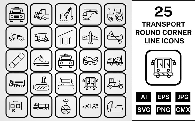 Download Набор иконок "25 Transport Round Corner Line Black Icon Set" / 25 Transport Round Corner Line Black Icon Set - Набор иконок на тему transport set,file,icon,icons,round,vector,sign,symbol,pictogram,corner,line,transport,taxi,wagon,dumper,submarine,golf cart,vespa,loader,fishing boat