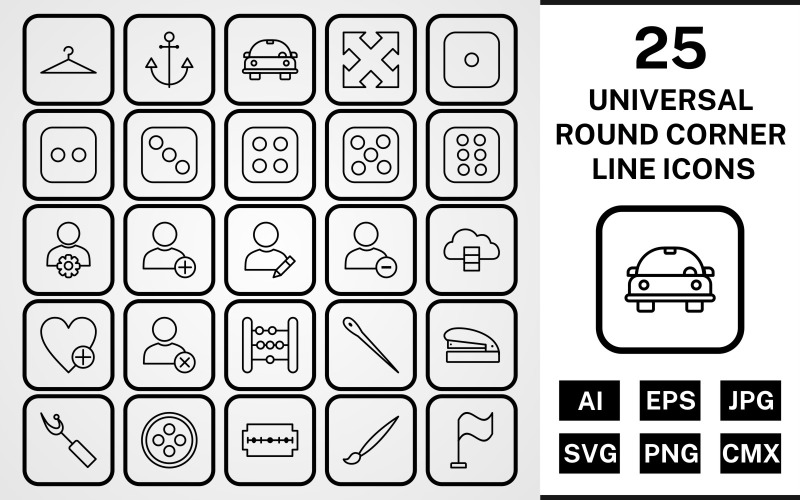 Download Набор иконок "25 Universal Round Corner Line Black Icon Set" / 25 Universal Round Corner Line Black Icon Set - Набор иконок set,file,icon,icons,round,vector,sign,symbol,pictogram,corner,line,universal,hanger,dice six,flag,needle,edit profile,staper,button,blade