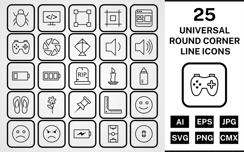 25 Universal Yuvarlak Köşe Çizgi Siyah Simge Seti