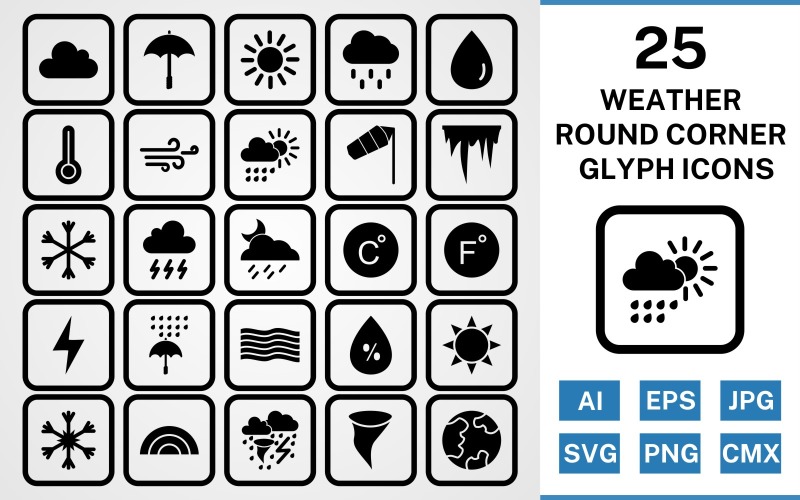 Download Набор иконок "25 Weather Round Corner Glyph Black Icon Set" / 25 Weather Round Corner Glyph Black Icon Set - Набор иконок на тему weather set,file,icon,icons,round,vector,sign,symbol,pictogram,corner,glyph,weather,cloud,rain,sun,tornado,rainbow,windy,rain drop,temparature