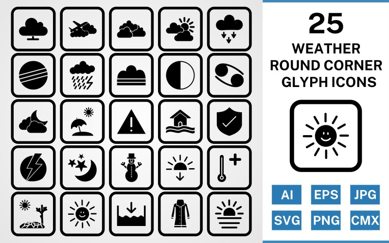 Download Набор иконок "25 Weather Round Corner Glyph Black Icon Set" / 25 Weather Round Corner Glyph Black Icon Set - Набор иконок на тему weather set,file,icon,icons,round,vector,sign,symbol,pictogram,corner,glyph,weather,cloudy,hot,sunset,sheild,fog,beach umbella,snowman,dark ray