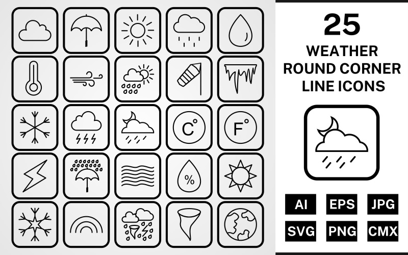 Download Набор иконок "25 Weather Round Corner Line Black Icon Set" / 25 Weather Round Corner Line Black Icon Set - Набор иконок на тему weather set,file,icon,icons,round,vector,sign,symbol,pictogram,corner,line,weather,cloud,rain,sun,tornado,rainbow,windy,rain drop,temparature
