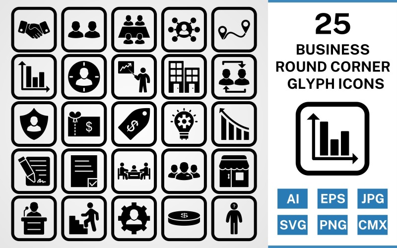 25 zakelijke ronde hoek Glyph Black Icon Set