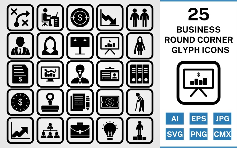 25 zakelijke ronde hoek Glyph Black Icon Set