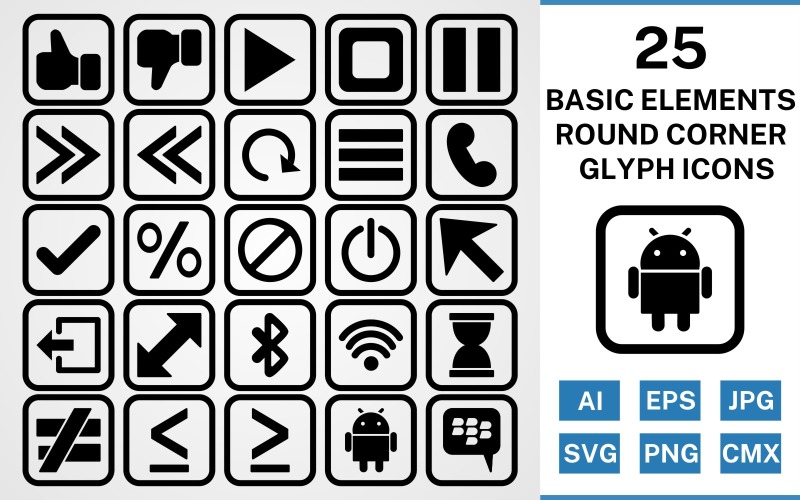 Download Набор иконок "25 Basic Elements Round Corner Glyph Black Icon Set" / 25 Basic Elements Round Corner Glyph Black Icon Set - Набор иконок на тему data set,file,icon,icons,round,vector,sign,symbol,pictogram,corner,glyph,basic elements,play,stop,tick,like,cursor,android,blackberry,menu