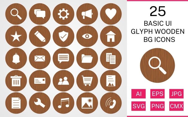 Download Набор иконок "25 Basic ui Glyph Wooden BG Icon Set" / 25 Basic ui Glyph Wooden BG Icon Set - Набор иконок на тему data set,file,icon,icons,background,vector,sign,symbol,pictogram,wooden,glyph,basic ui,find,cart,users,chat,picture,document,trash,inbox