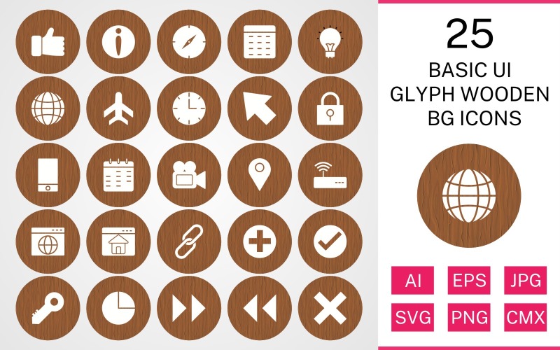 Download Набор иконок "25 Basic ui Glyph Wooden BG Icon Set" / 25 Basic ui Glyph Wooden BG Icon Set - Набор иконок на тему data set,file,icon,icons,background,vector,sign,symbol,pictogram,wooden,glyph,basic ui,browser,wifi,homepage,location,video,lock,cursor,globe