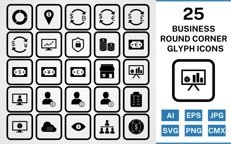 Download Набор иконок "25 Business Round Corner Glyph Black Icon Set" / 25 Business Round Corner Glyph Black Icon Set - Набор иконок на тему финансы set,file,icon,icons,round,vector,sign,symbol,pictogram,corner,glyph,business,pie chart,organization,world money,pound,coins,stock market,cloud data,planning