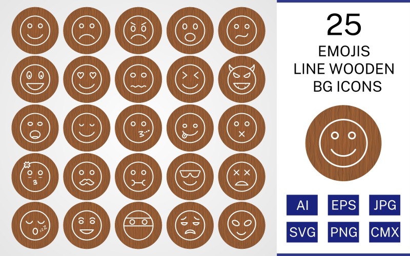 Conjunto de ícones BG de madeira com 25 linhas de emoji