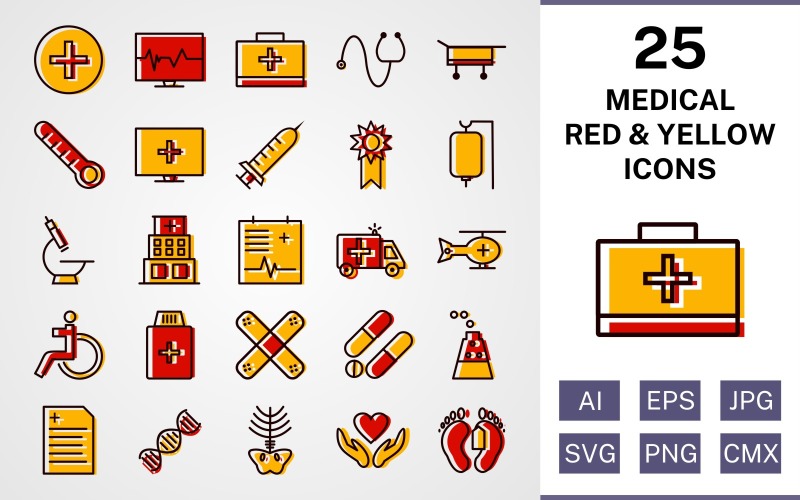 25 Conjunto de ícones médicos preenchidos com vermelho e amarelo