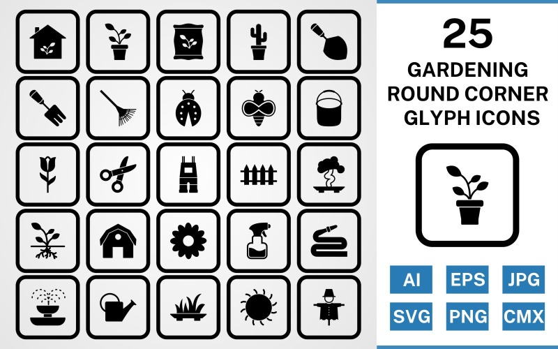 Conjunto de ícones pretos de glifo de canto redondo de 25 jardinagem