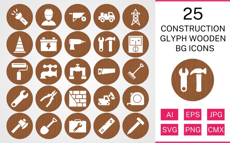 Download Набор иконок "25 Construction Glyph Wooden BG Icon Set" / 25 Construction Glyph Wooden BG Icon Set - Набор иконок на тему industrial set,file,icon,icons,background,vector,sign,symbol,pictogram,wooden,glyph,construction,engineer,loader,tools,tool box,drill,paint roller,pipe,saw