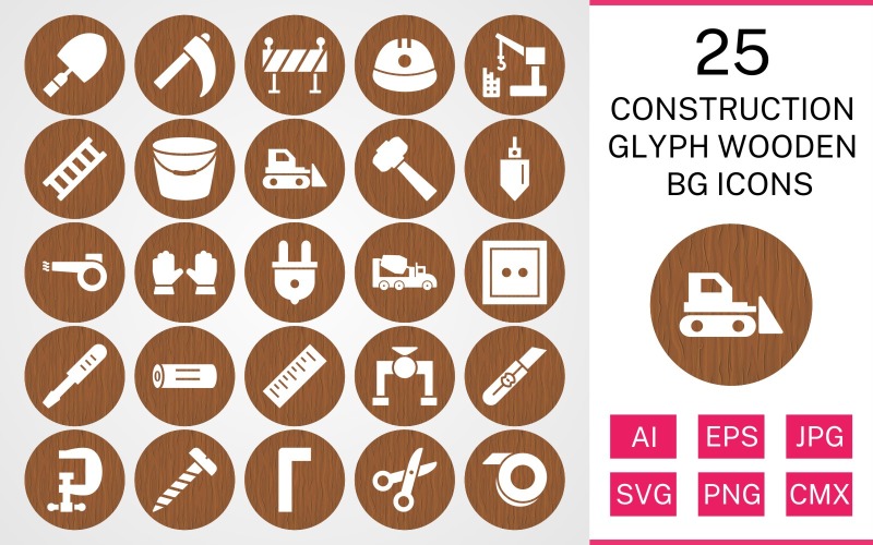 Download Набор иконок "25 Construction Glyph Wooden BG Icon Set" / 25 Construction Glyph Wooden BG Icon Set - Набор иконок на тему industrial set,file,icon,icons,background,vector,sign,symbol,pictogram,wooden,glyph,construction,trowel,ladder,bucket,vise,ruler,helmet,hammer,bulldozer