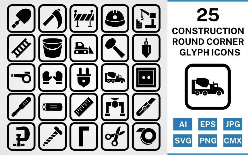 Download Набор иконок "25 Construction Round Corner Glyph Black Icon Set" / 25 Construction Round Corner Glyph Black Icon Set - Набор иконок на тему industrial set,file,icon,icons,round,vector,sign,symbol,pictogram,corner,glyph,construction,trowel,ladder,bucket,vise,ruler,helmet,hammer,bulldozer