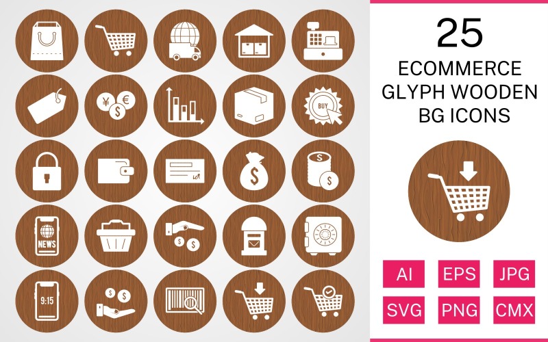 Download Набор иконок "25 Ecommerce Glyph Wooden BG Icon Set" / 25 Ecommerce Glyph Wooden BG Icon Set - Набор иконок на тему shopping set,file,icon,icons,background,vector,sign,symbol,pictogram,wooden,glyph,ecommerce,buy,security,tag,vault,add to cart,payment,basket,cheque