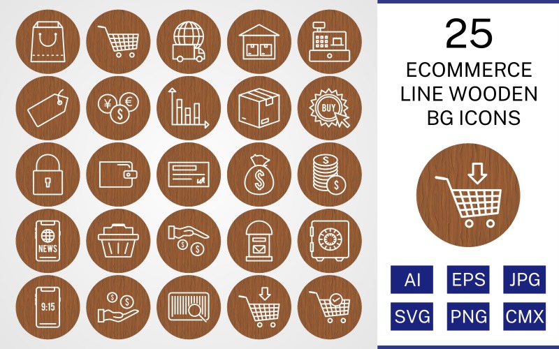 Download Набор иконок "25 Ecommerce Line Wooden BG Icon Set" / 25 Ecommerce Line Wooden BG Icon Set - Набор иконок на тему shopping set,file,icon,icons,background,vector,sign,symbol,pictogram,wooden,line,ecommerce,buy,security,tag,vault,add to cart,payment,basket,cheque