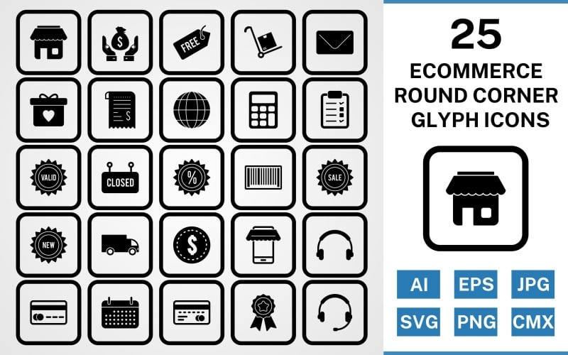 Download Набор иконок "25 Ecommerce Round Corner Glyph Black Icon Set" / 25 Ecommerce Round Corner Glyph Black Icon Set - Набор иконок на тему shopping set,file,icon,icons,round,vector,sign,symbol,pictogram,corner,glyph,ecommerce,envelope,saving,trolley,new,sale,atm,shop,discount