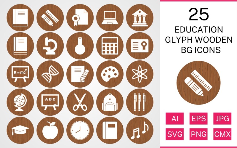 Download Набор иконок "25 Education Glyph Wooden BG Icon Set" / 25 Education Glyph Wooden BG Icon Set - Набор иконок на тему science set,file,icon,icons,background,vector,sign,symbol,pictogram,wooden,glyph,education,books,bagpack,notebook,flask,microscope,notes,markers,calculator