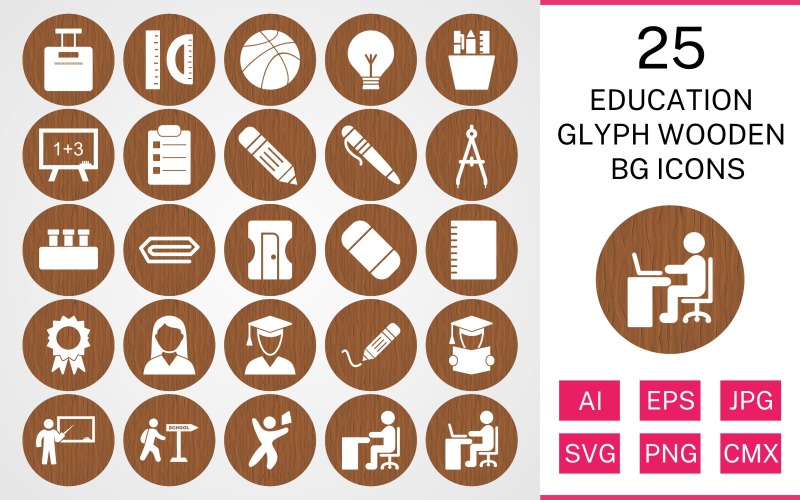 Download Набор иконок "25 Education Glyph Wooden BG Icon Set" / 25 Education Glyph Wooden BG Icon Set - Набор иконок на тему science set,file,icon,icons,background,vector,sign,symbol,pictogram,wooden,glyph,education,bag,writing,teaching,reading,pen,pin,degree,compass