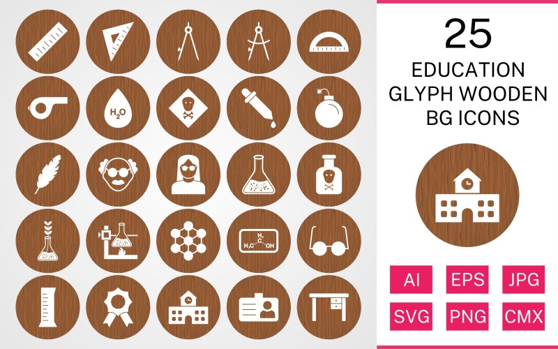 Download Набор иконок "25 Education Glyph Wooden BG Icon Set" / 25 Education Glyph Wooden BG Icon Set - Набор иконок на тему science set,file,icon,icons,background,vector,sign,symbol,pictogram,wooden,glyph,education,toxic,scale,school,award,chemicals,beaker,divider,compass