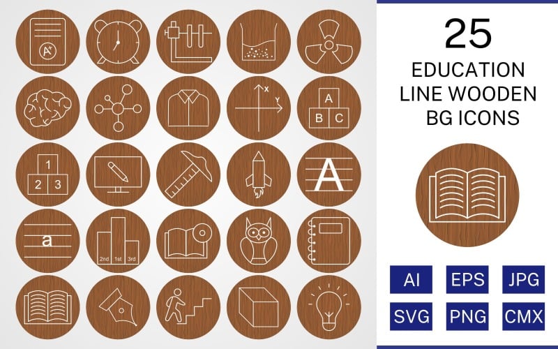 25 Education Line Houten BG Icon Set