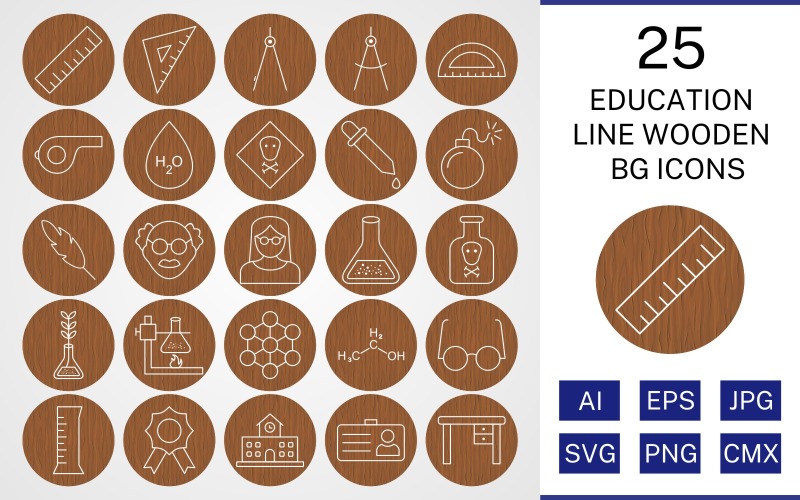 Download Набор иконок "25 Education Line Wooden BG Icon Set" / 25 Education Line Wooden BG Icon Set - Набор иконок на тему science set,file,icon,icons,background,vector,sign,symbol,pictogram,wooden,line,education,toxic,scale,school,award,chemicals,beaker,divider,compass