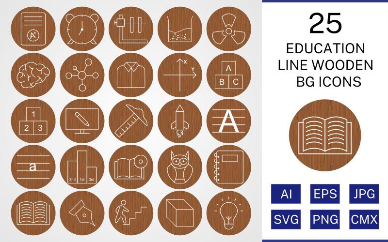 Download Набор иконок "25 Education Line Wooden BG Icon Set" / 25 Education Line Wooden BG Icon Set - Набор иконок на тему science set,file,icon,icons,background,vector,sign,symbol,pictogram,wooden,line,education,brain,cube,book dvd,open book,electron,alarm,notepad,radiation