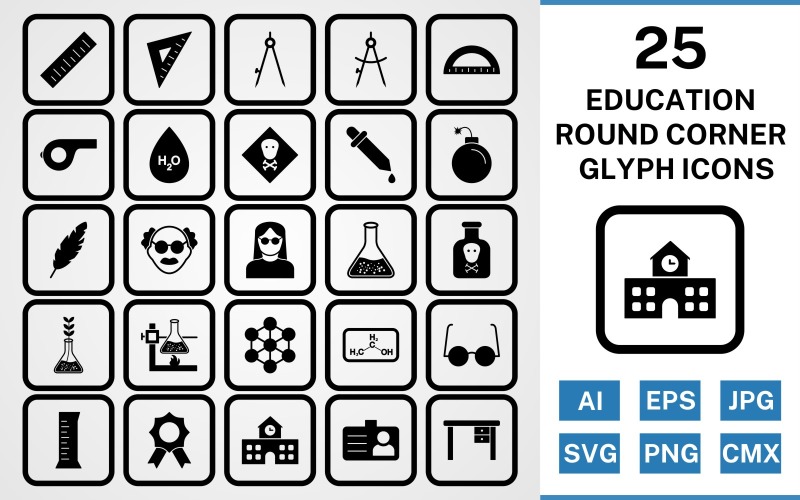 Download Набор иконок "25 Education Round Corner Glyph Black Icon Set" / 25 Education Round Corner Glyph Black Icon Set - Набор иконок на тему science set,file,icon,icons,round,vector,sign,symbol,pictogram,corner,glyph,education,toxic,scale,school,award,chemicals,beaker,divider,compass