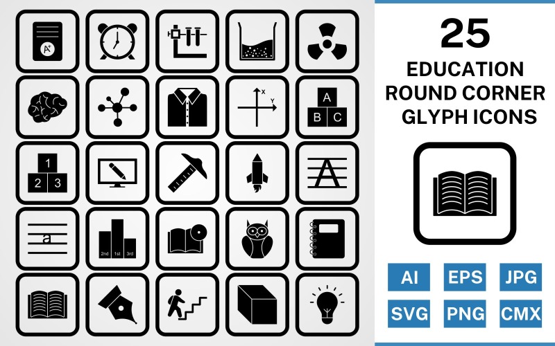 Download Набор иконок "25 Education Round Corner Glyph Black Icon Set" / 25 Education Round Corner Glyph Black Icon Set - Набор иконок на тему science set,file,icon,icons,round,vector,sign,symbol,pictogram,corner,glyph,education,brain,cube,book dvd,open book,electron,alarm,notepad,radiation